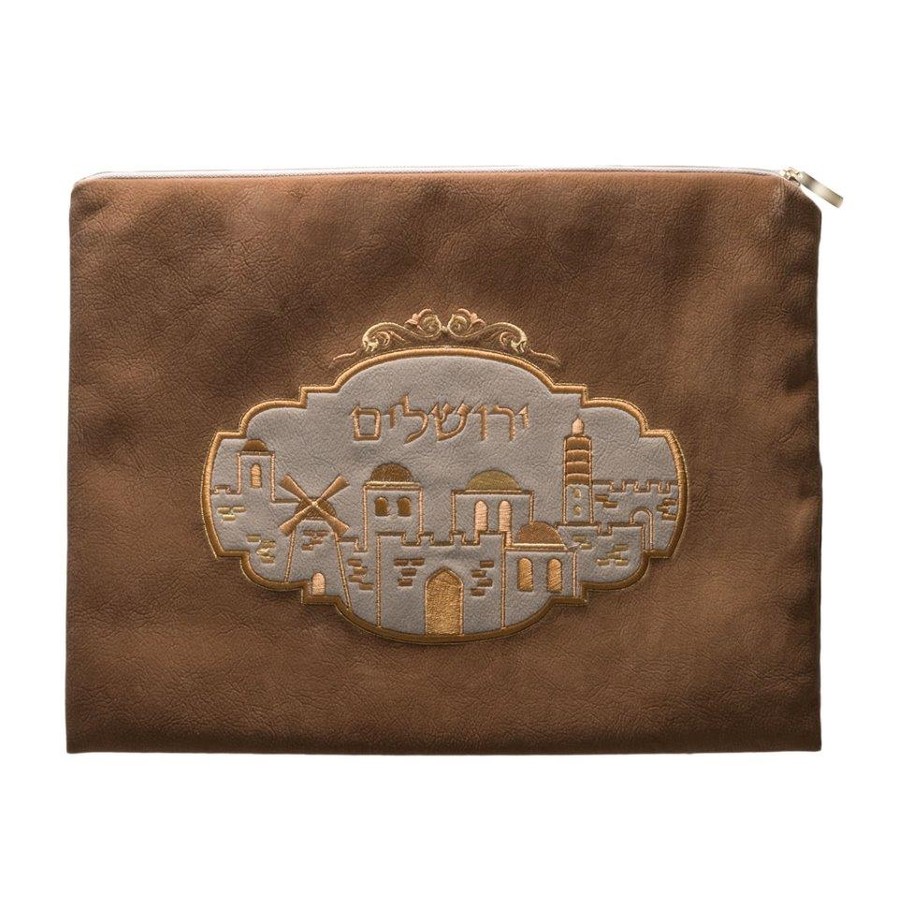 Tallis Bag Design KT 1050 - Brown Suede Look with Jerusalem