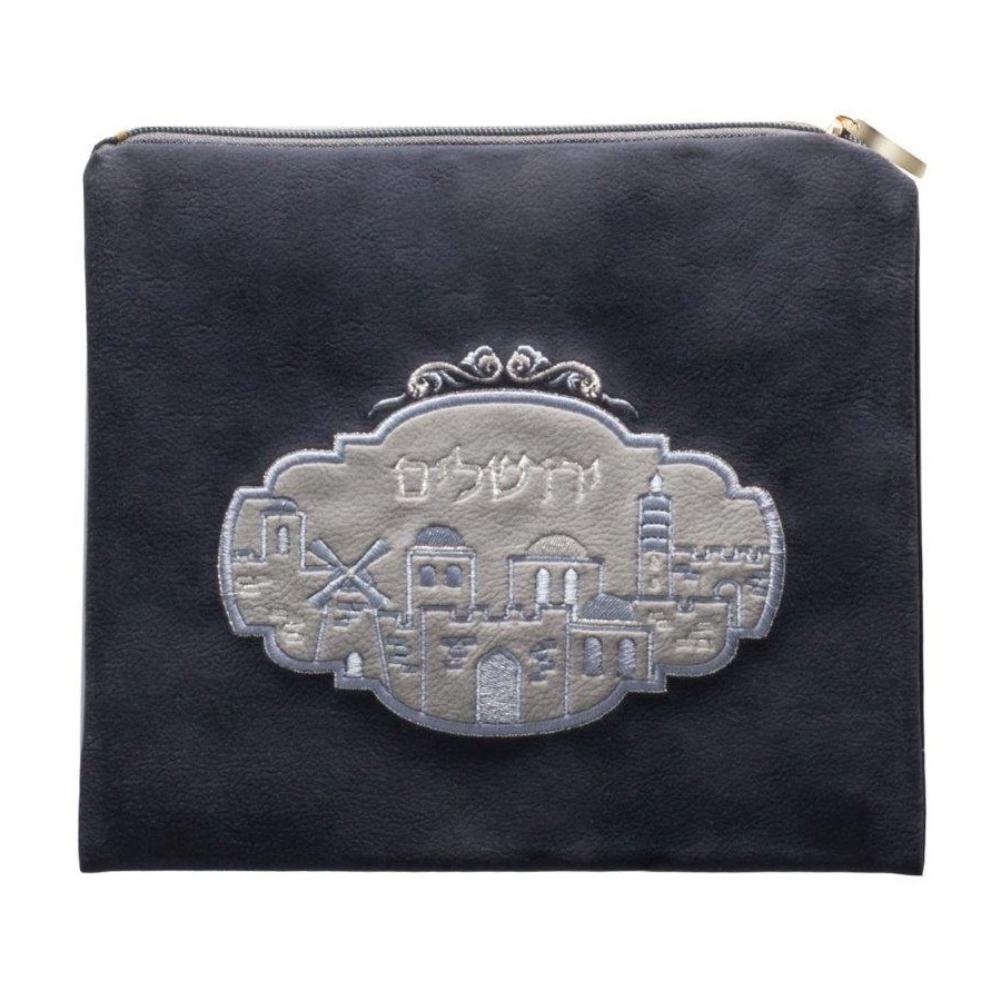 Tallis Bag Design KT 1055 - Navy Suede Look with Jerusalem