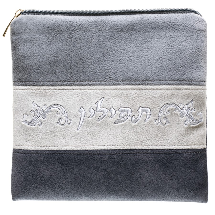 Tefillin bag in grey striped suede look, design KT 1025