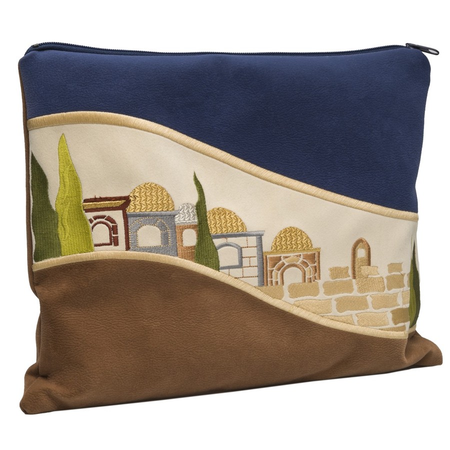 Tefillin bag in navy and brown suede look with jerusalem, design KT 3010