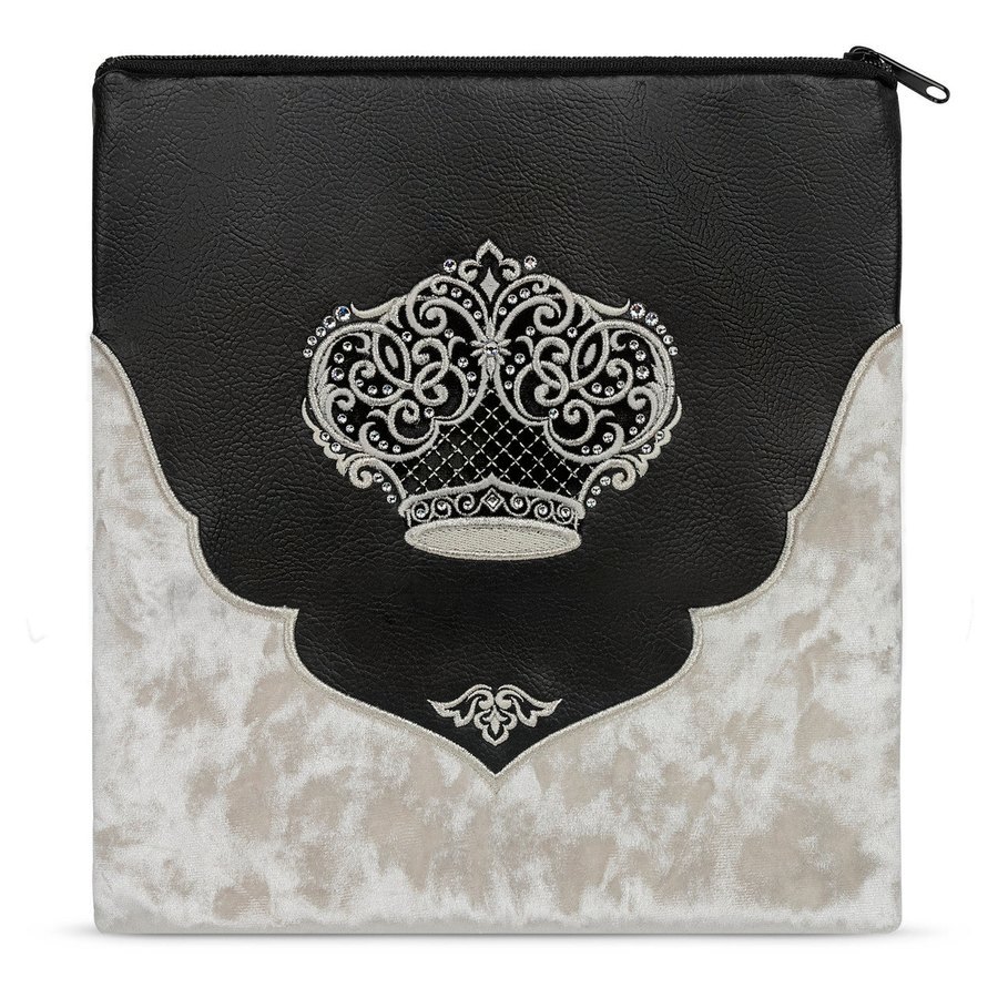 Tallit bag in black faux leather and white crushed velvet, design MC 569