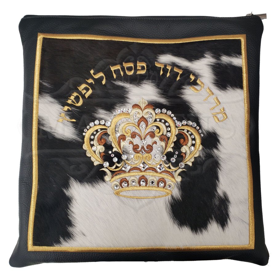 Tallit bag in black & white cowhide with gold crown, design MC 2007