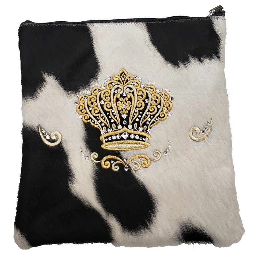 Tallit bag in black & white cowhide with gold crown, design MC 2008