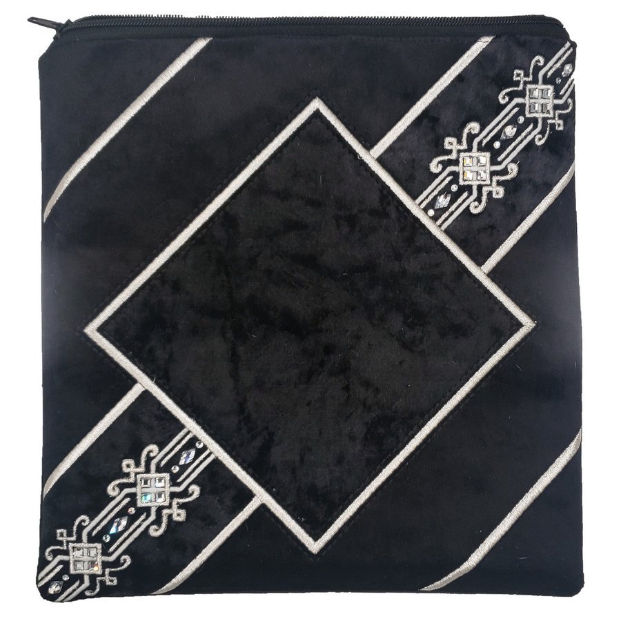 Tallit bag in black velvet and black leather, design MC V1049