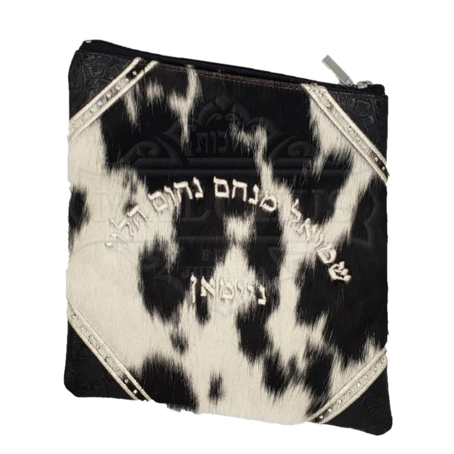 Tallit bag in black & white cowhide, design MC 1021