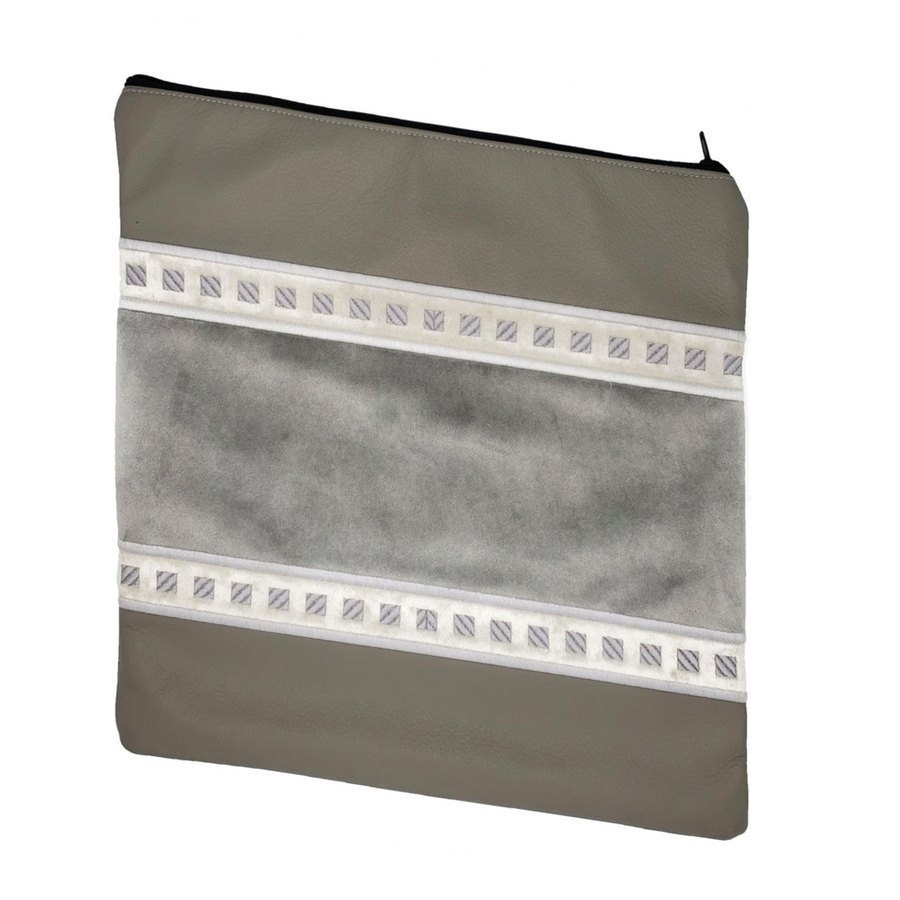 Tallit bag in grey leather and grey crushed velvet, design MC 1026