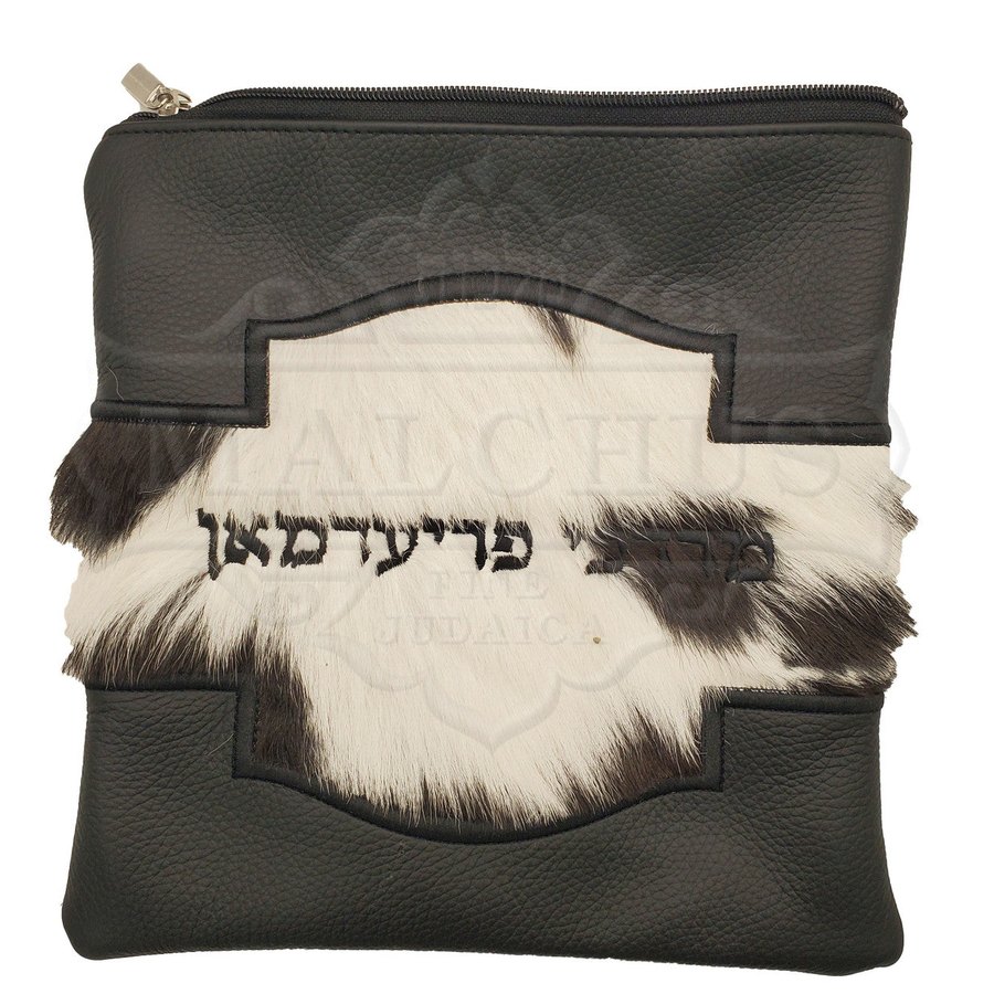 Tallit bag in black leather and black & white fur, design MC 1060