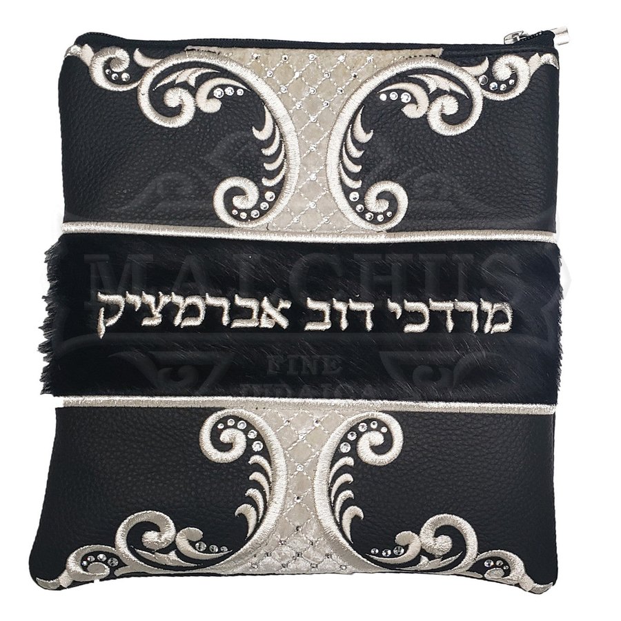 Tallit bag in black leather with white and silver embroidery, design MC 2009