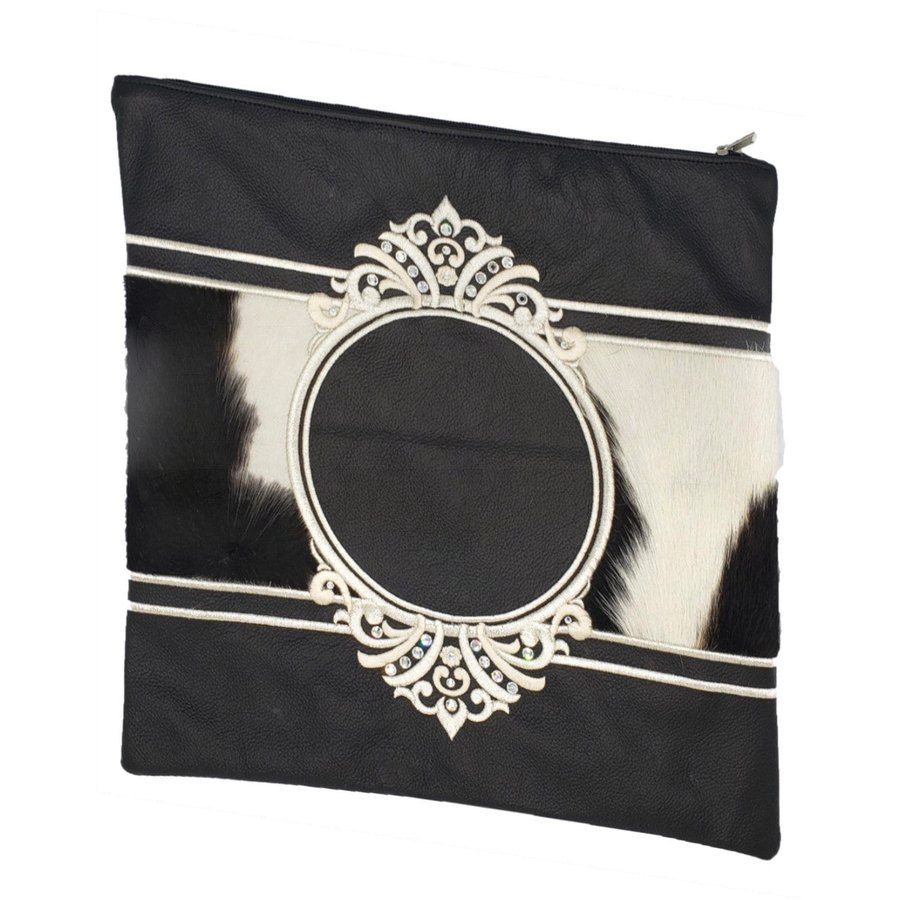 Tallit bag in black leather and black & white fur, design MC 2023