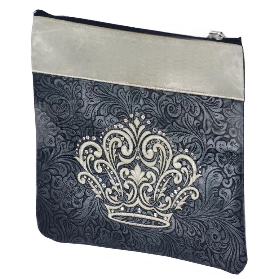 Tallit bag in grey floral leather and white crushed velvet, design MC 2025