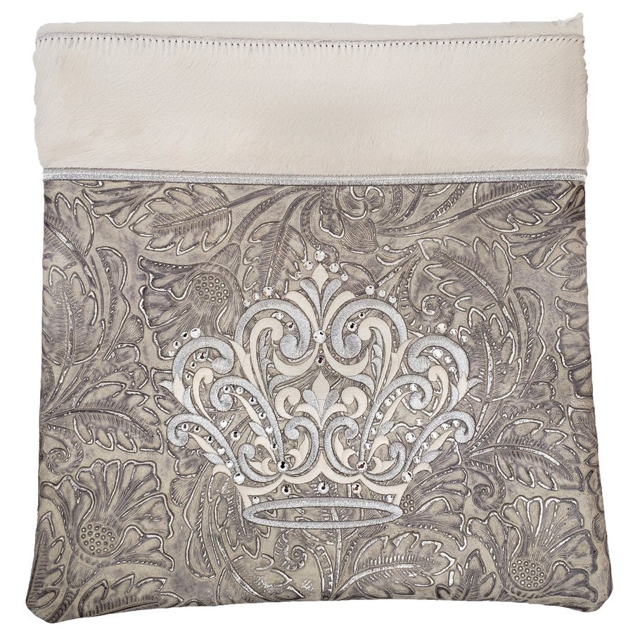 Tallit bag in grey floral leather and white fur, design MC 2025