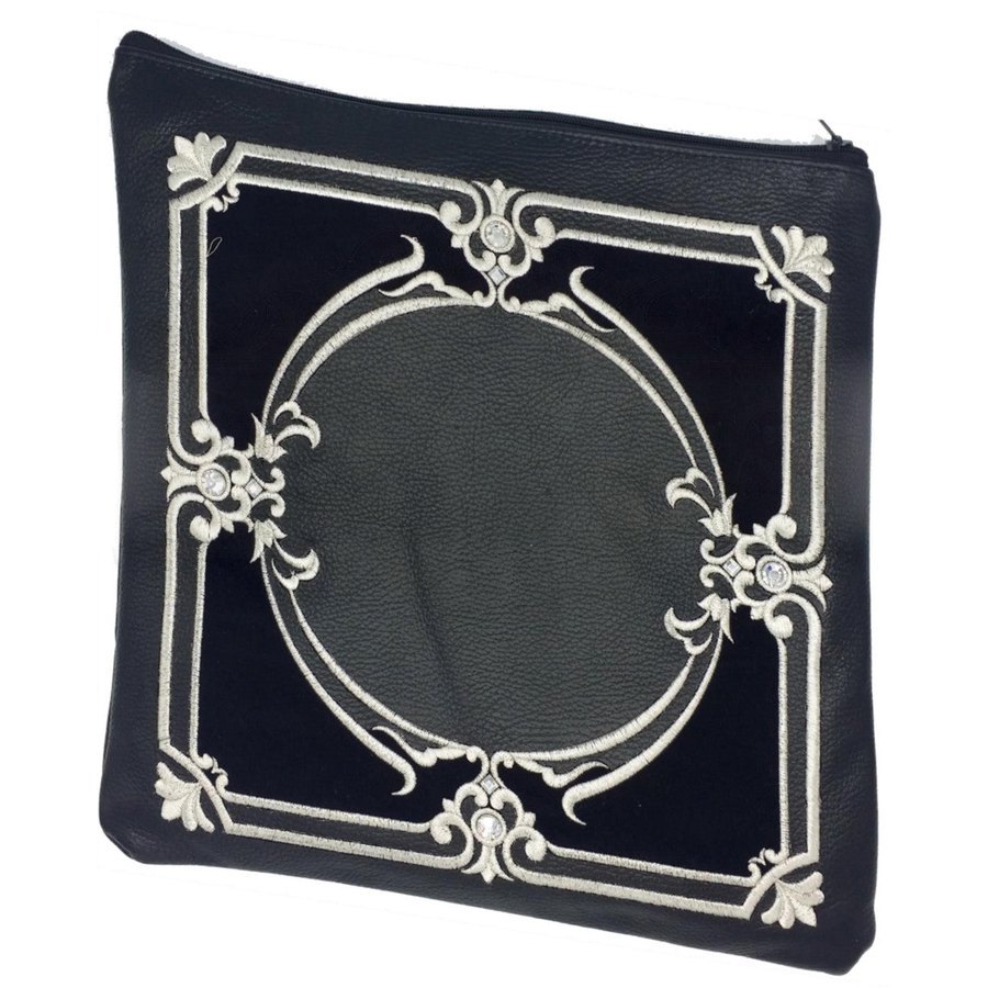 Tallit bag in black leather and black velvet, design MC 2030