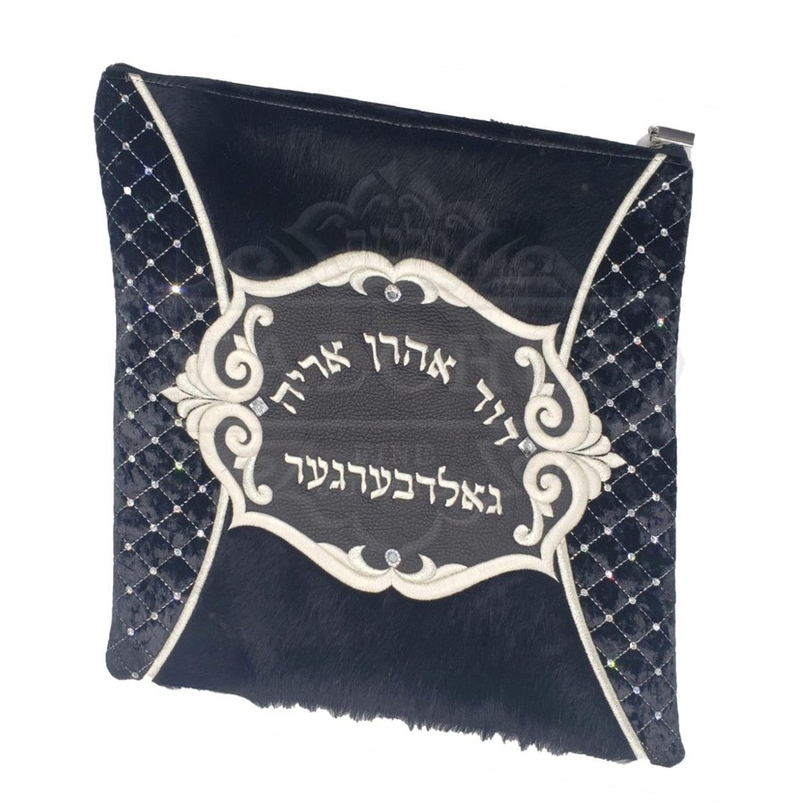 Tallit bag in navy leather and navy fur, design MC 2034