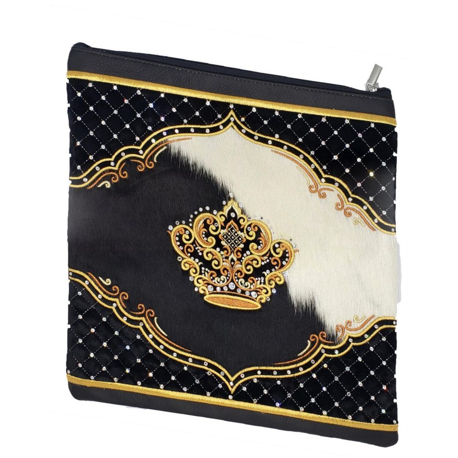 Tallit bag in black velvet, leather and black & white fur, design MC 3011