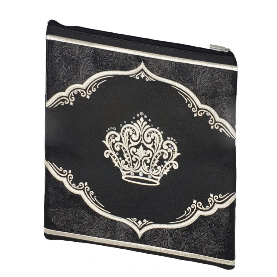 Tallit bag in black leather and black floral leather, design MC 3012
