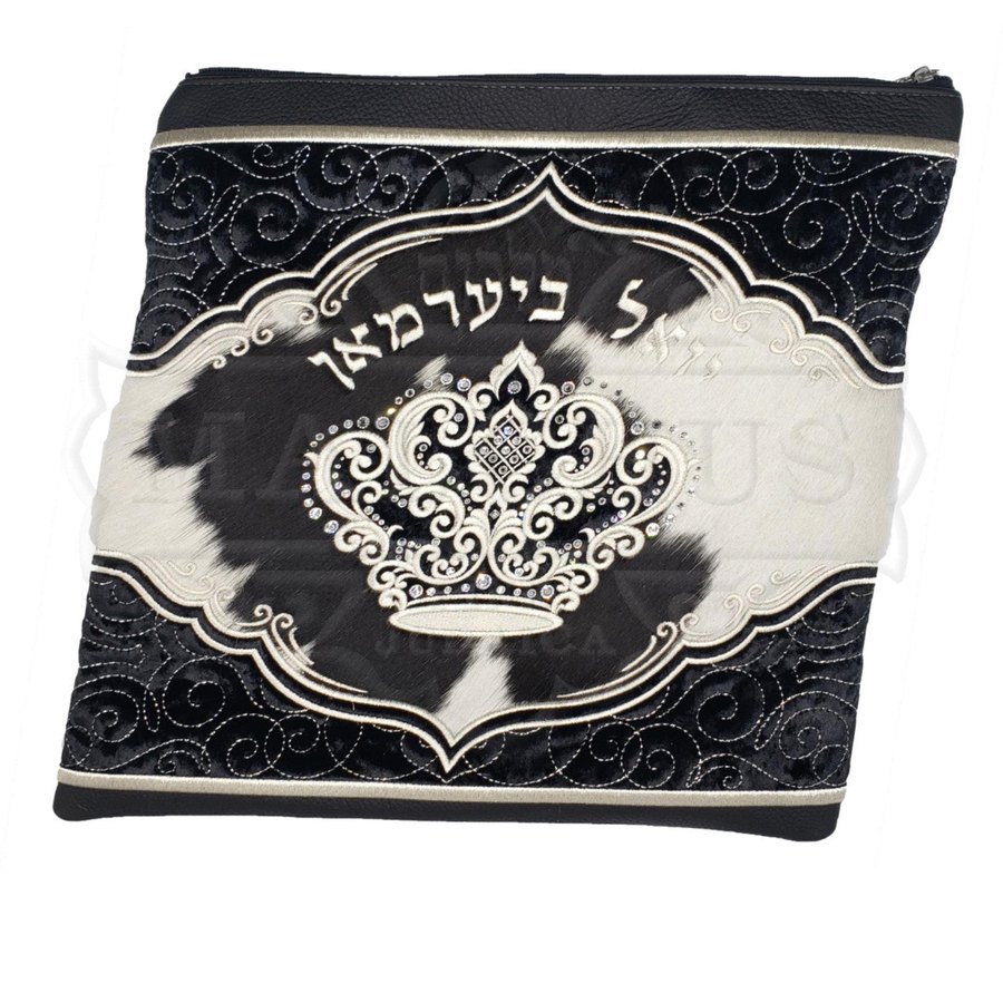 Tallit bag in black velvet, leather and black & white fur, design MC 3013