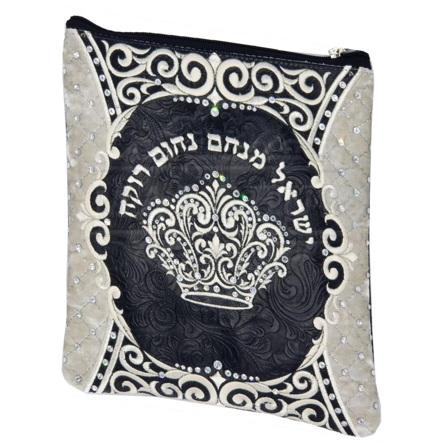 Tallit bag in black floral leather and white velvet, design MC 3017