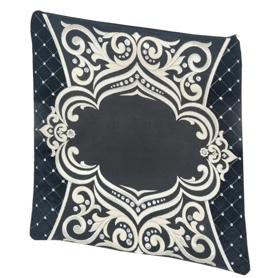 Tallit bag in black leather and black velvet, design MC 3018
