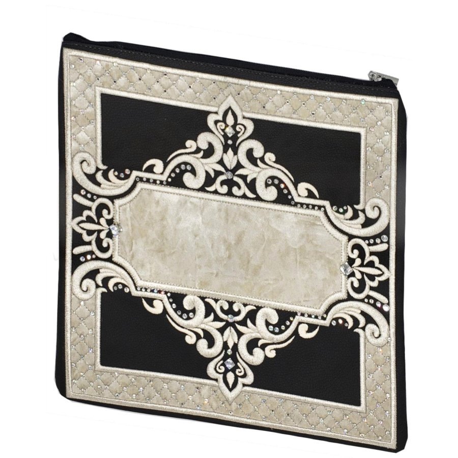 Tallit bag in black leather and white velvet, design MC 3020