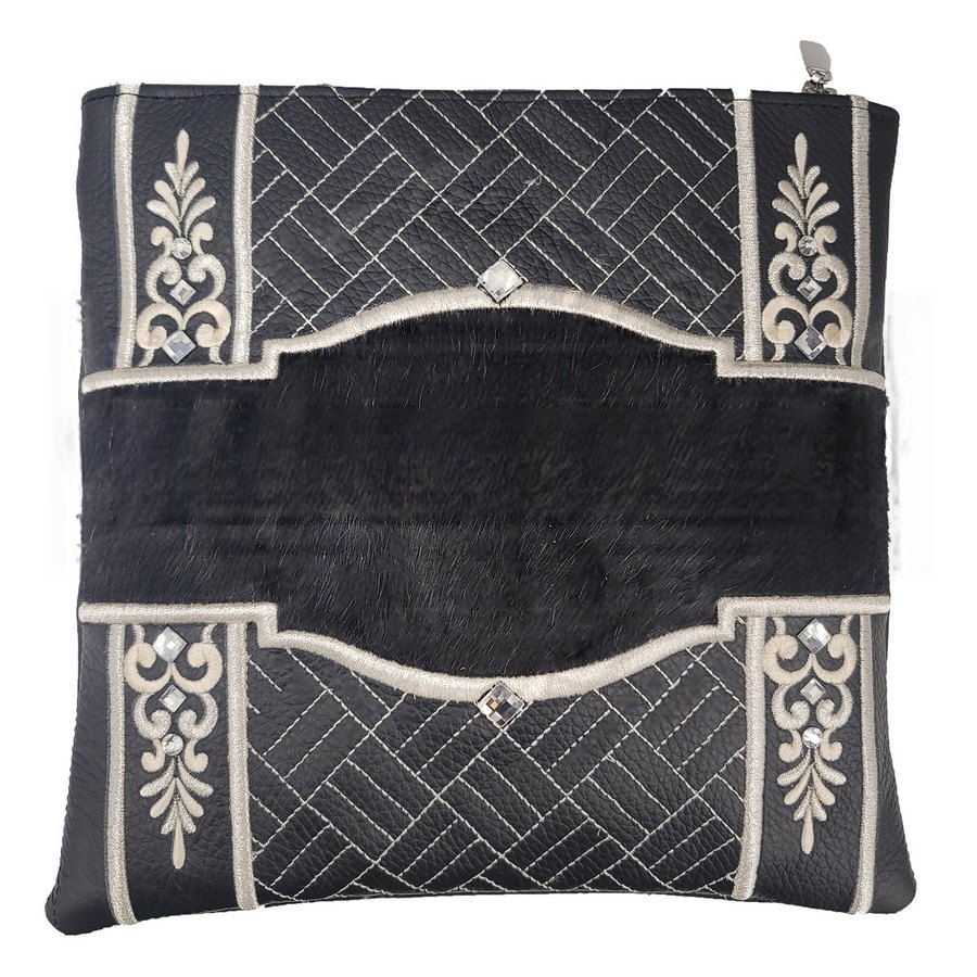 Tallit bag in black leather and grey fur, design MC 3022