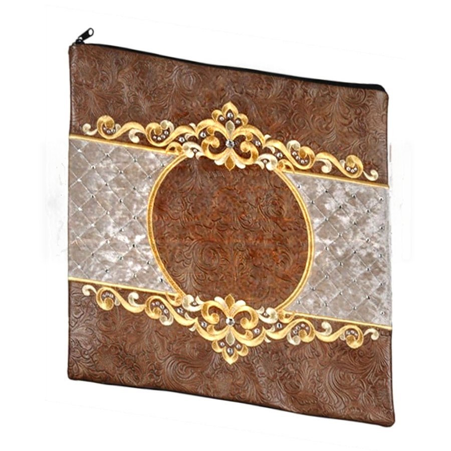 Tallit bag in brown tooled leather and grey velvet, design MC 3024