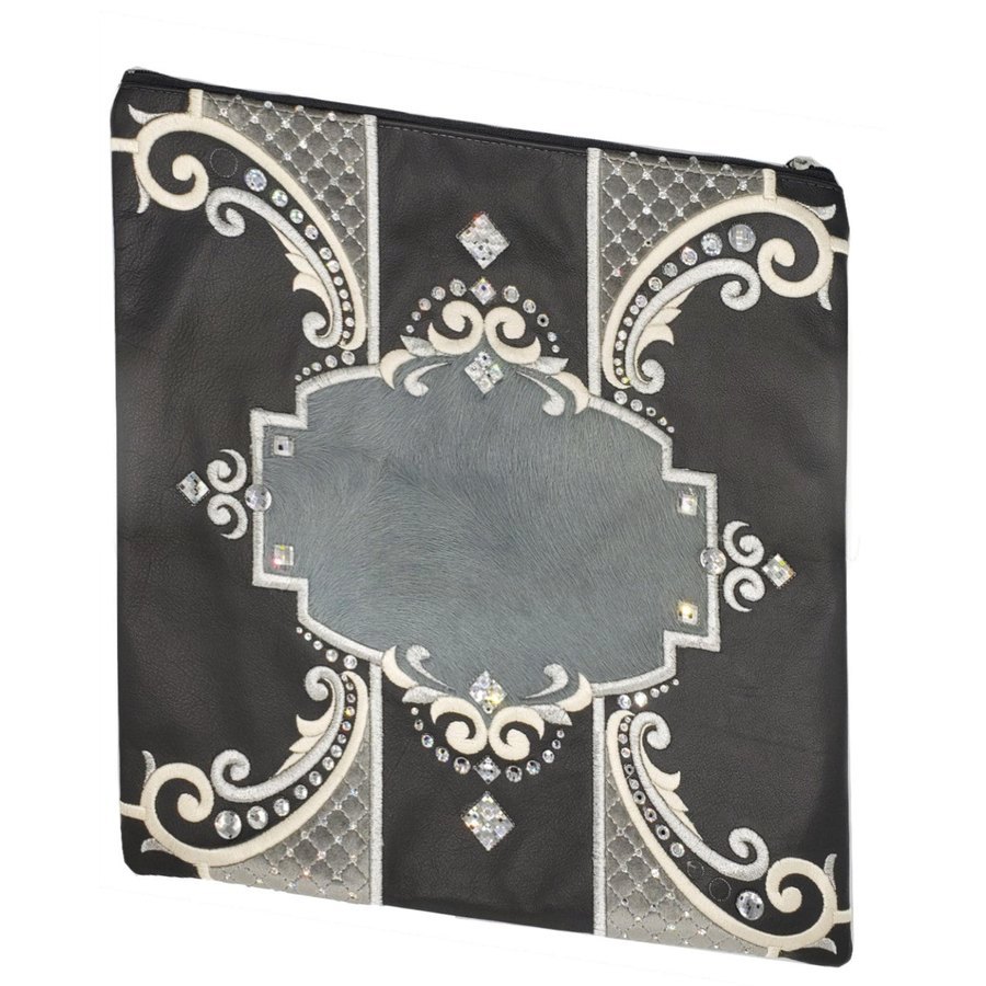 Tallit bag in grey leather and grey fur, design MC 3030