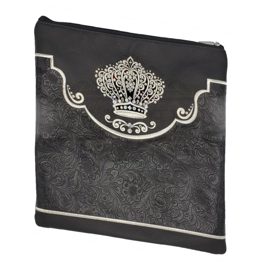 Tallit bag in black leather and black floral leather, design MC 4011