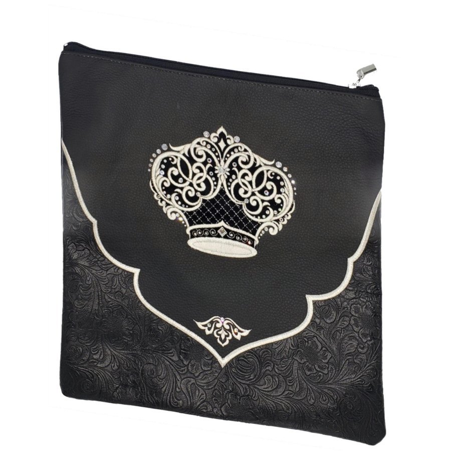 Tallit bag in black leather and black floral leather, design MC 4015