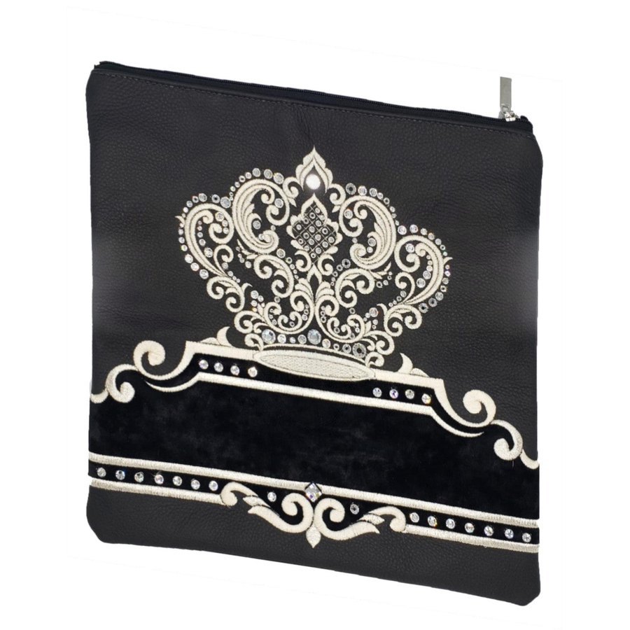 Tallit bag in black leather and black velvet, design MC 4016
