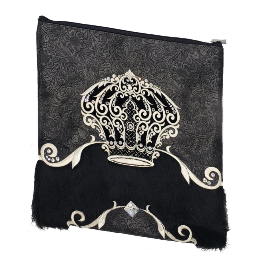 Tallit bag in black floral leather and black fur, design MC 4017