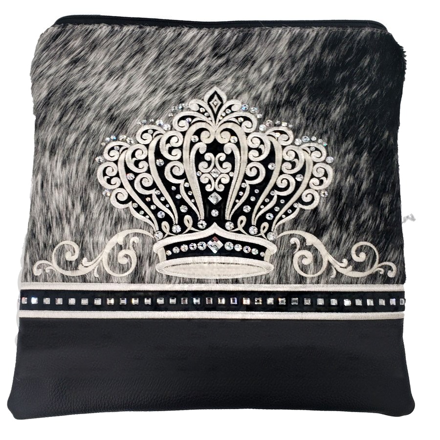 Tallit bag in black leather and black & white speckled fur, design MC 4018
