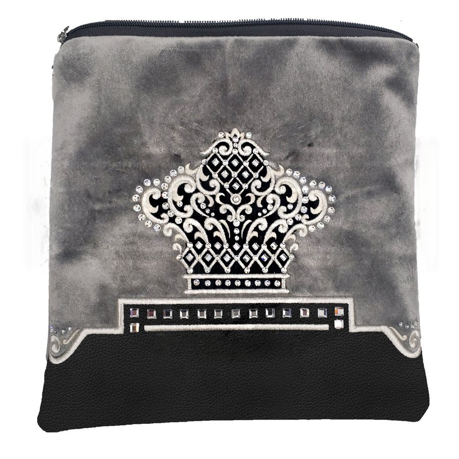 Tallit bag in grey crushed velvet and black leather, design MC 4026