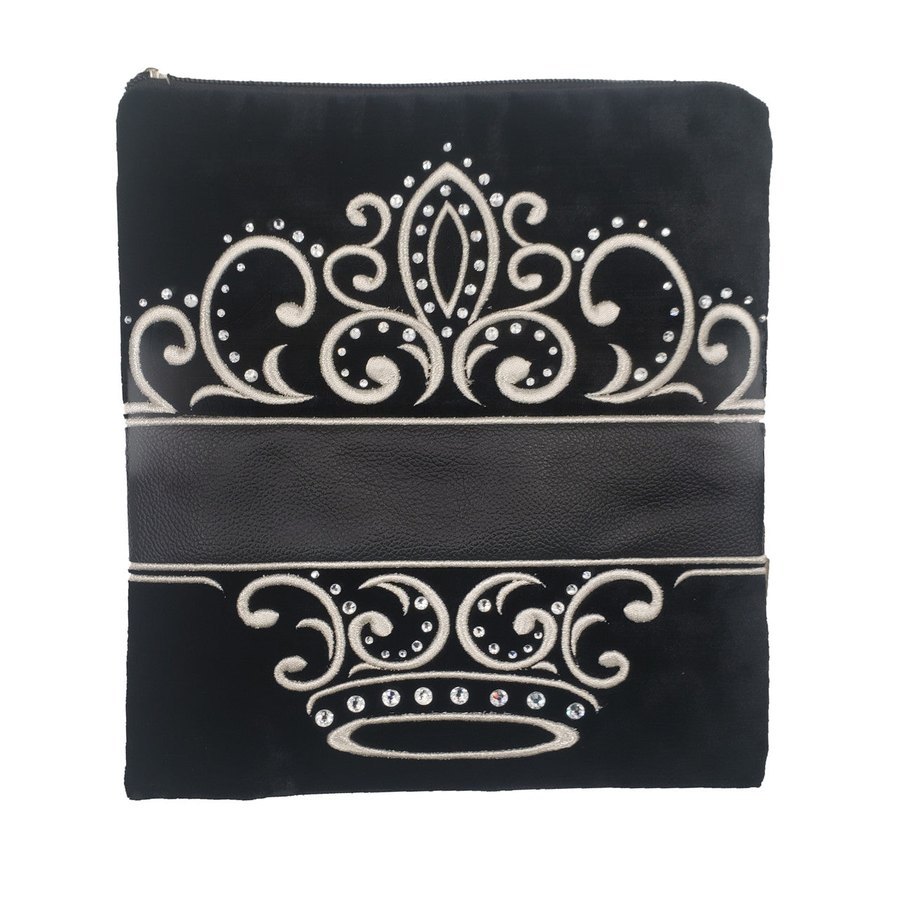 Tallit bag in black leather and grey velvet, design MC 4035
