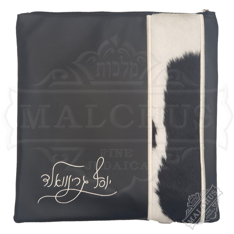 Tallit bag in black leather and black & white fur, design MC 5018