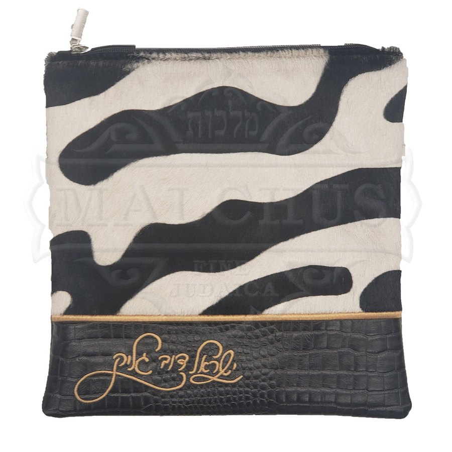 Tallit bag in black croc-embossed leather and zebra fur, design MC 5024
