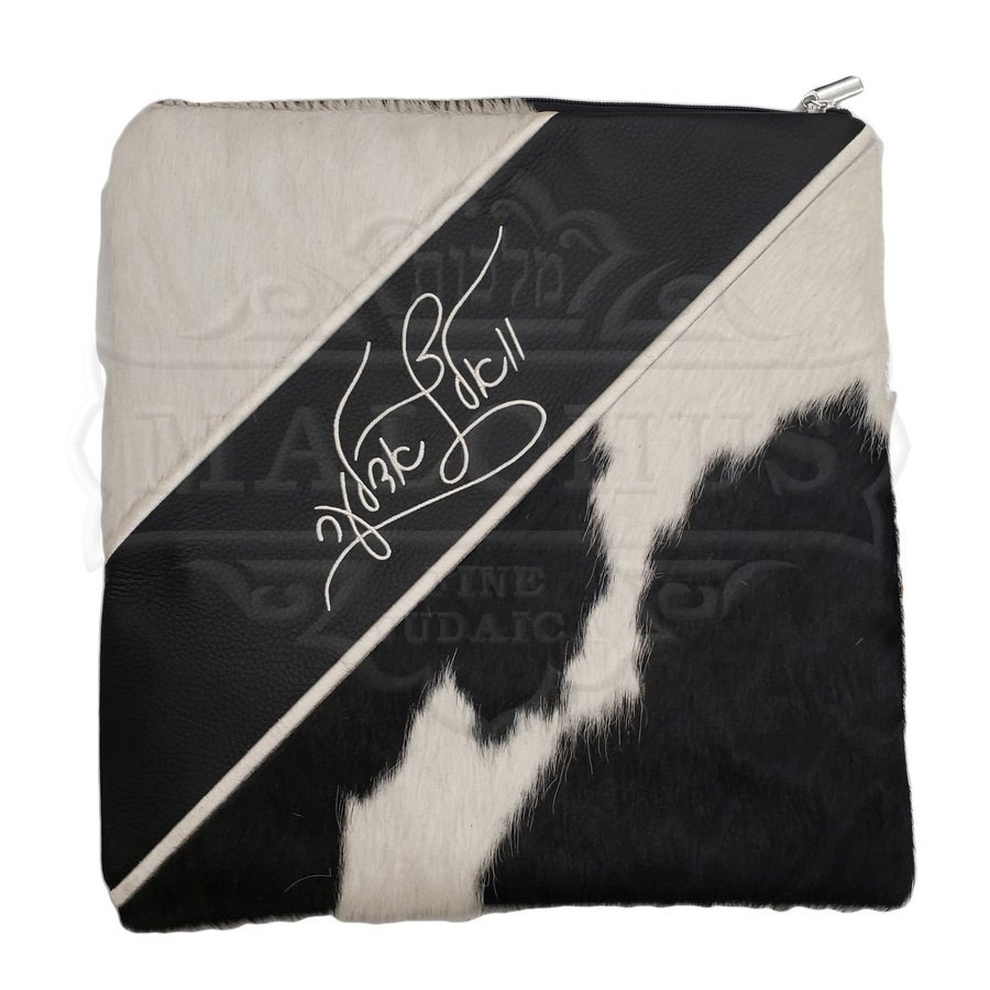 Tallit bag in black leather and black & white fur, design MC 5025