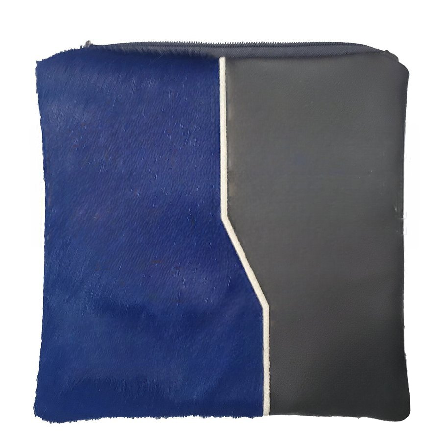 Tallit bag in grey leather and royal blue fur, design MC 5035