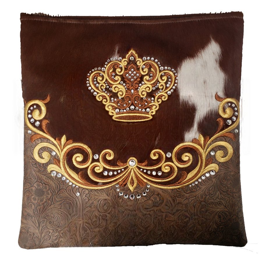 Tallit bag in brown tooled leather and brown & white fur, design MC 5090