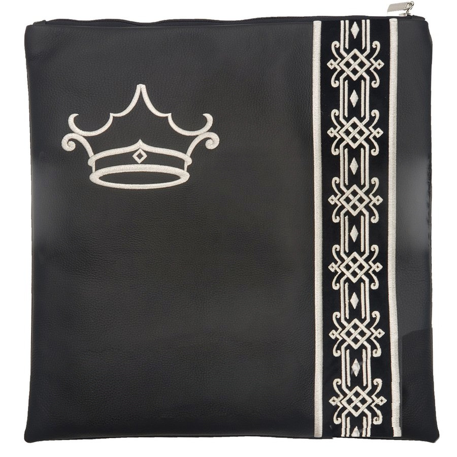 Tallit bag in black leather and velvet with silver embroidery, design MC 2041