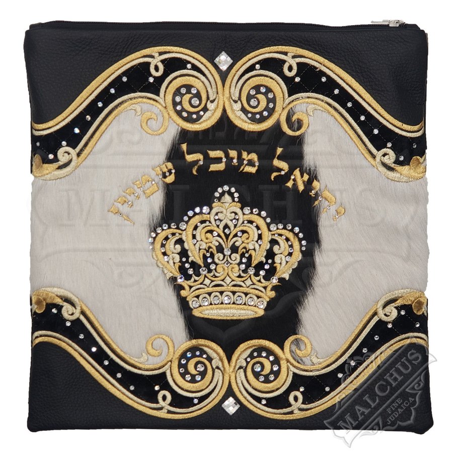Tallit bag in black leather and black & white fur, design MC 2048