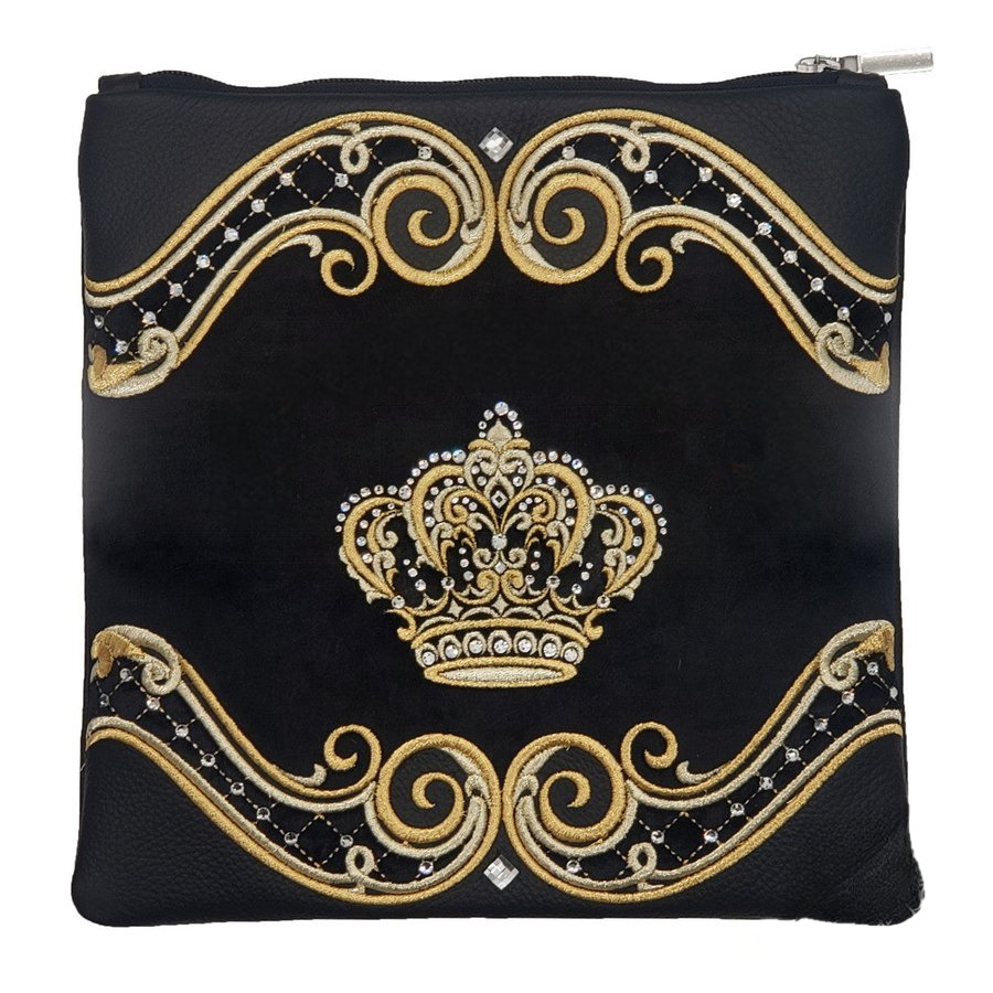 Tallit bag in black leather and black velvet, design MC 2048