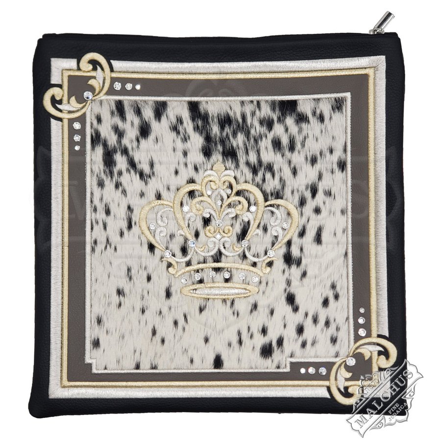 Tallit bag in black leather and speckled cowhide with crown, design MC 2060