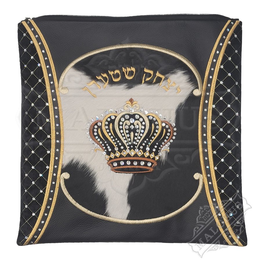 Tallit bag in black leather and black and white cowhide with crown, design MC 3036