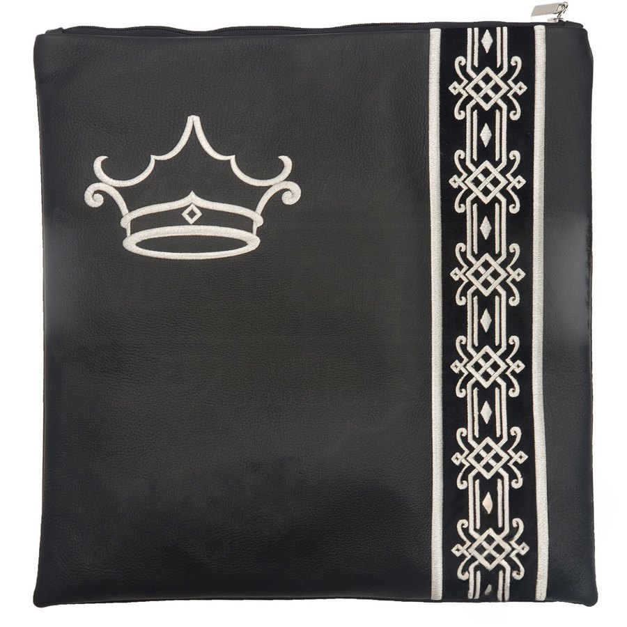 Tallit bag in black leather and velvet with silver embroidery, design MC 5041