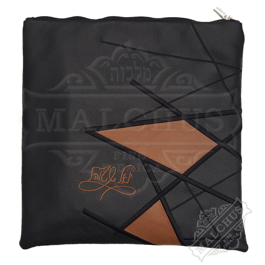 Tallit bag in black leather with copper triangles, design MC 5060