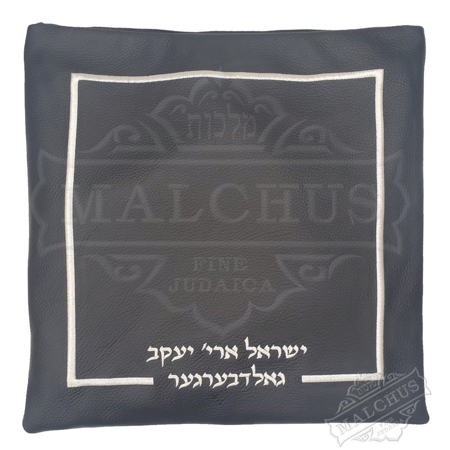 Tallit bag in black leather with silver frame, design MC 1009