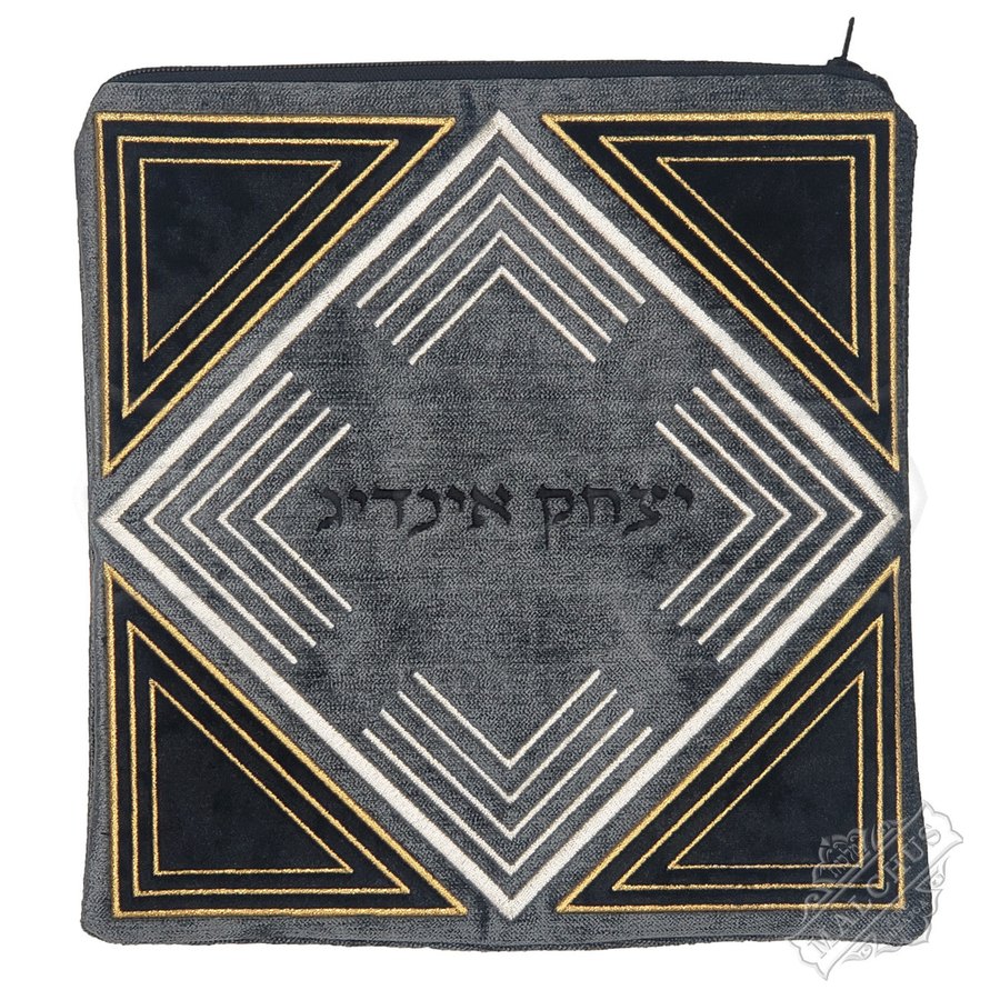 Tallit bag in black and grey velvet with silver and gold diamond, design MC V1076