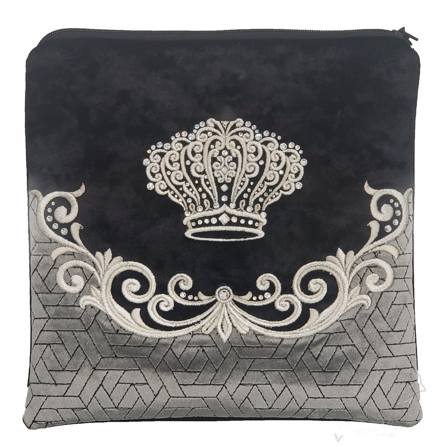 Tallit bag in black velvet and grey quilted velvet with silver embroidery, design MC V4022