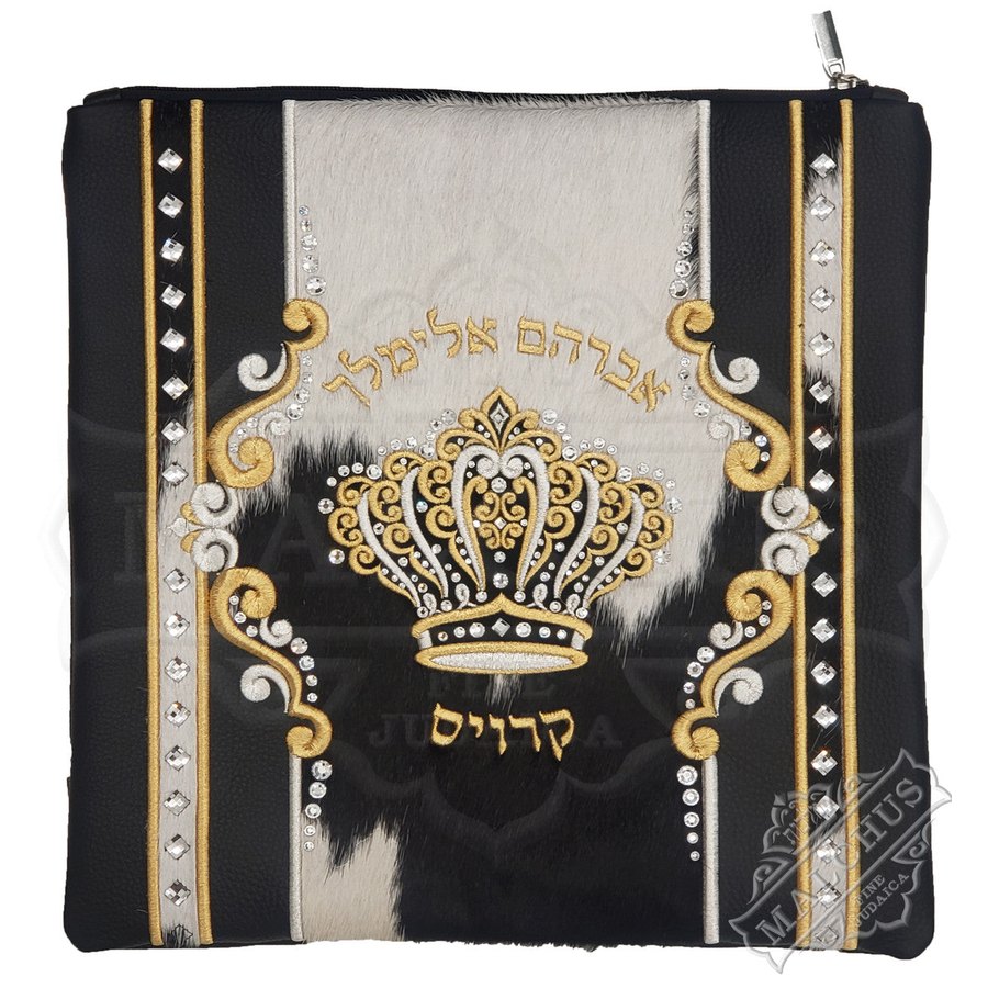 Tallit bag in black leather and black & white fur, design MC 2055