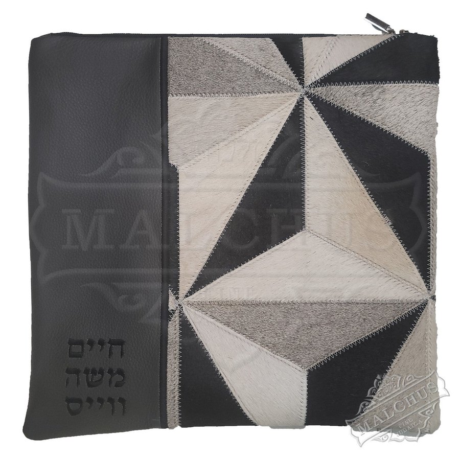 Tallit bag in black leather and grey cowhide triangles, design MC 7015